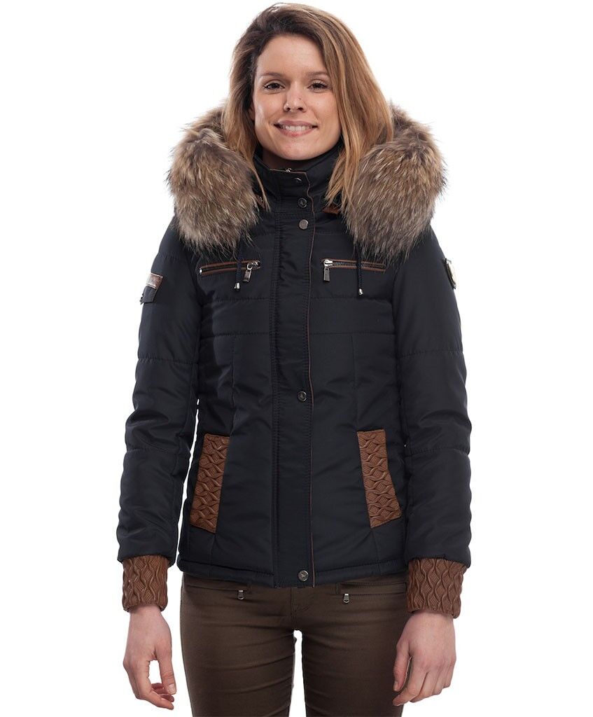 PUFFER JACKET IN FABRIC BLUE AND COFFEE BROWN LEATHER WITH FUR Silverstorn