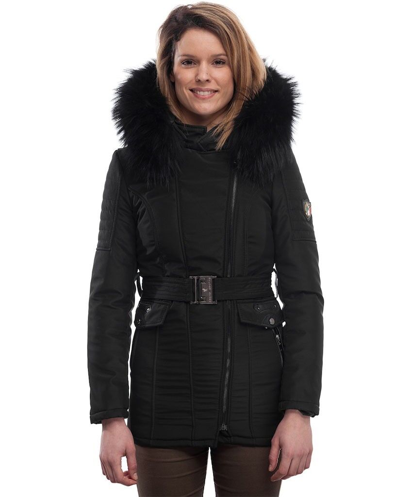 PUFFER JACKET IN BLACK FABRIC WITH BLACK LEATHER AND FUR Silverstorn