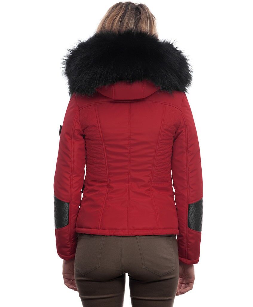 PUFFER JACKET IN RED FABRIC WITH BLACK LEATHER AND FUR Silverstorn