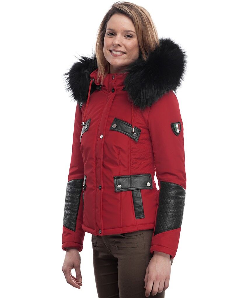PUFFER JACKET IN RED FABRIC WITH BLACK LEATHER AND FUR