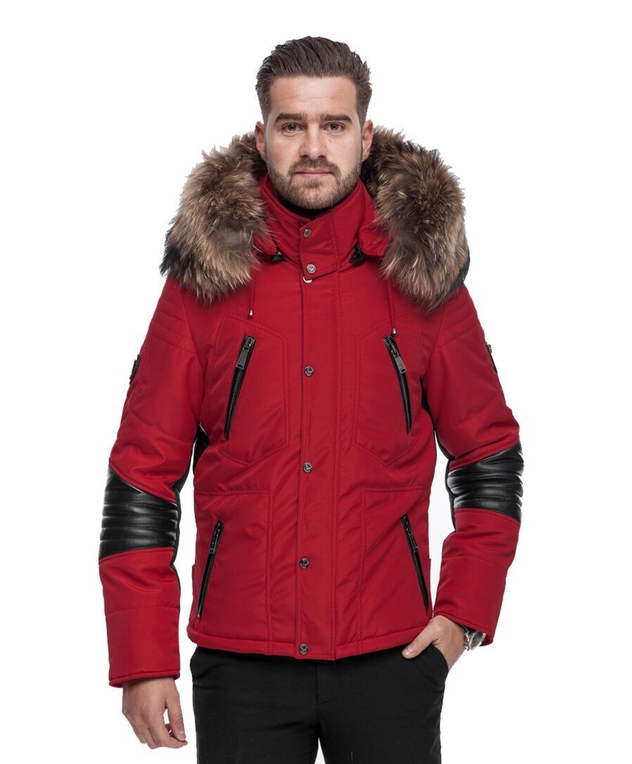 PUFFER JACKET IN RED FABRIC AND BLACK LEATHER WITH FUR Silverstorn